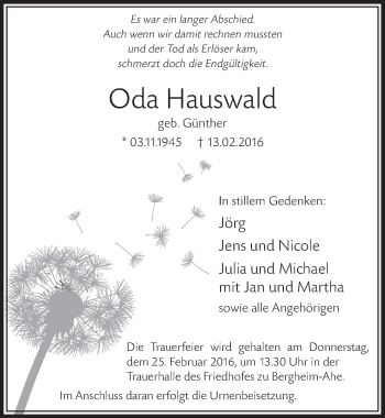 Anzeige von Oda Hauswald von  Sonntags-Post 