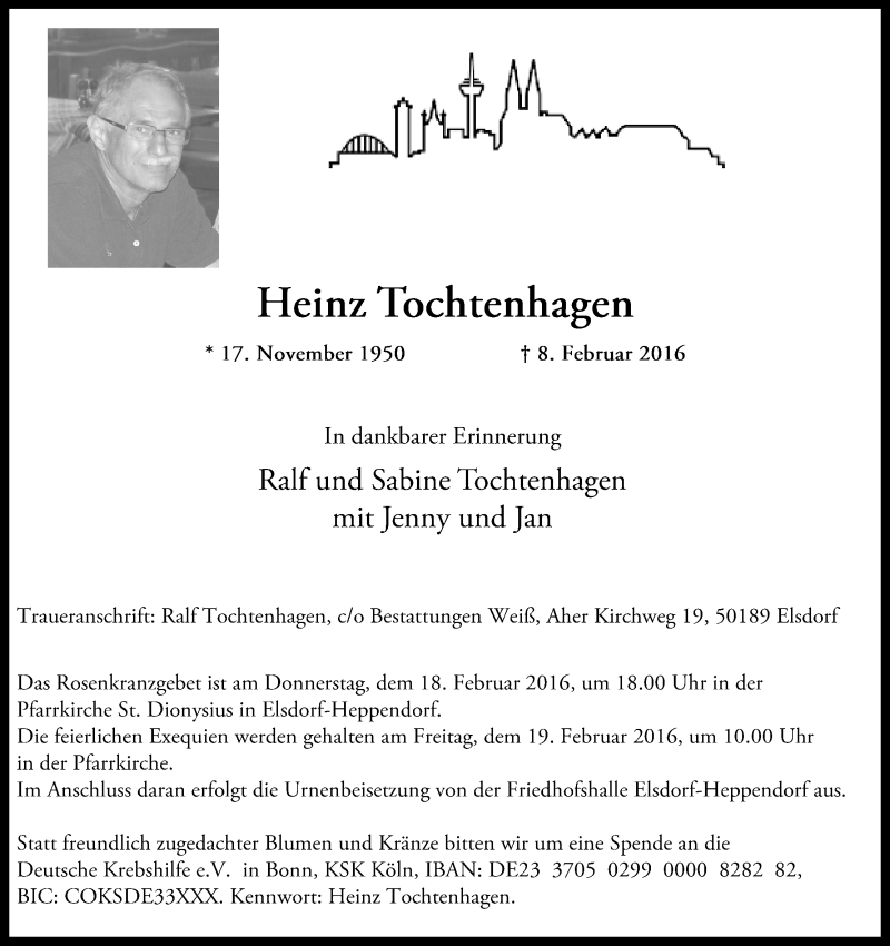  Traueranzeige für Heinz Tochtenhagen vom 13.02.2016 aus  Sonntags-Post 