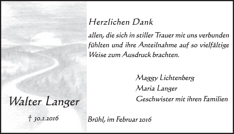  Traueranzeige für Walter Langer vom 24.02.2016 aus  Schlossbote/Werbekurier 