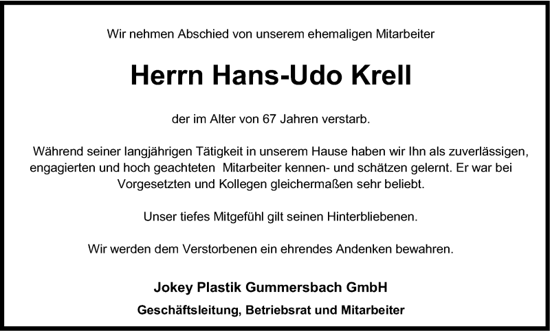  Traueranzeige für Hans-Udo Krell vom 27.02.2016 aus Kölner Stadt-Anzeiger / Kölnische Rundschau / Express