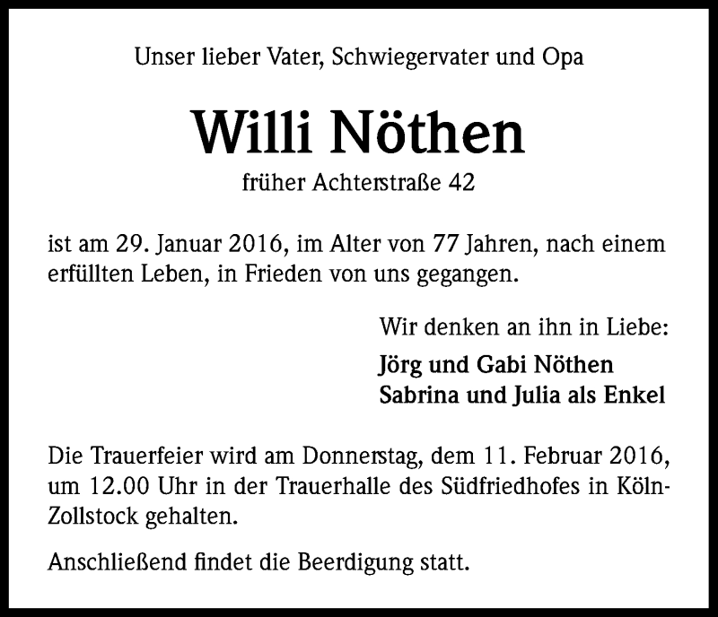  Traueranzeige für Willi Nöthen vom 06.02.2016 aus Kölner Stadt-Anzeiger / Kölnische Rundschau / Express
