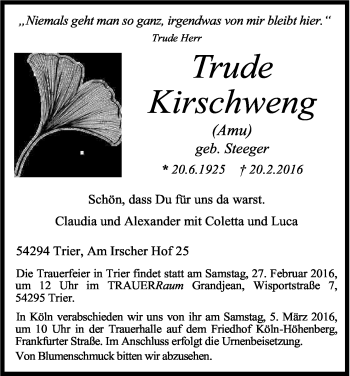 Anzeige von Trude Kirschweng von Kölner Stadt-Anzeiger / Kölnische Rundschau / Express