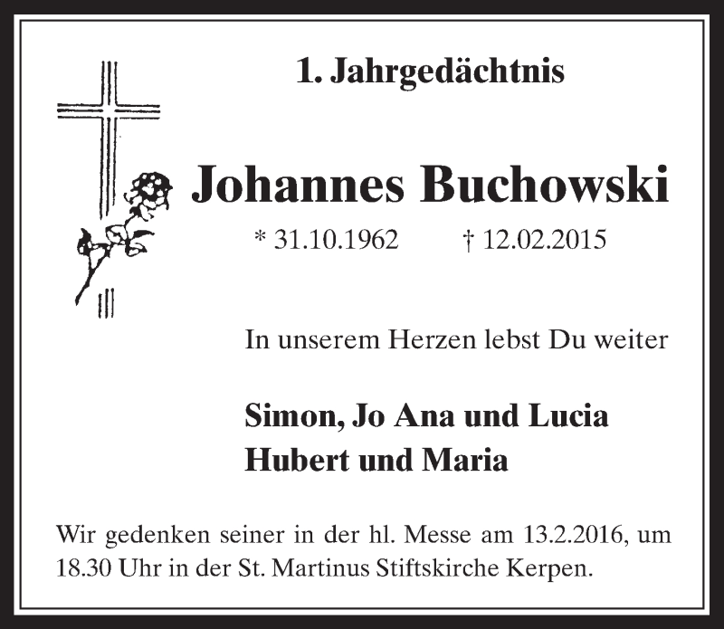  Traueranzeige für Johannes Buchowski vom 10.02.2016 aus  Werbepost 
