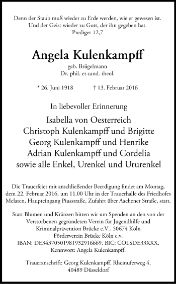 Anzeige von Angela Kulenkampff von Kölner Stadt-Anzeiger / Kölnische Rundschau / Express
