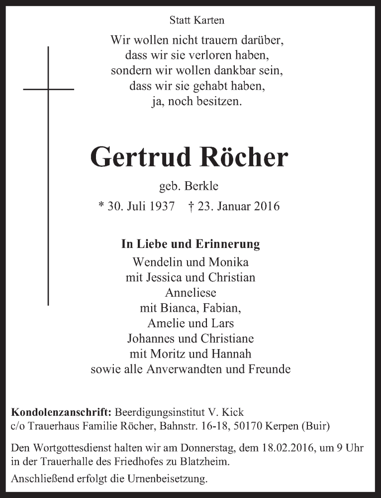  Traueranzeige für Gertrud Röcher vom 10.02.2016 aus  Werbepost 