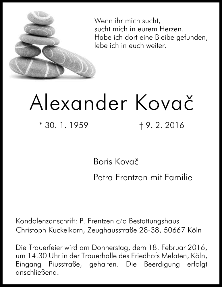  Traueranzeige für Alexander Kovac vom 13.02.2016 aus Kölner Stadt-Anzeiger / Kölnische Rundschau / Express