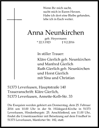 Anzeige von Anna Neunkirchen von Kölner Stadt-Anzeiger / Kölnische Rundschau / Express