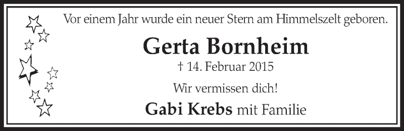  Traueranzeige für Gerta Bornheim vom 10.02.2016 aus  Schlossbote/Werbekurier 