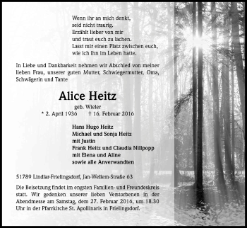Anzeige von Alice Heitz von Kölner Stadt-Anzeiger / Kölnische Rundschau / Express