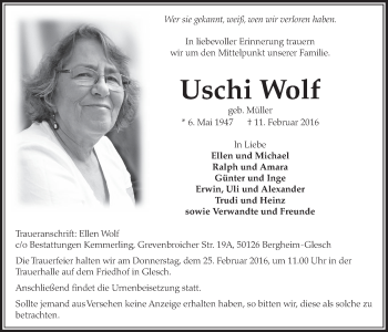 Anzeige von Uschi Wolf von  Sonntags-Post 