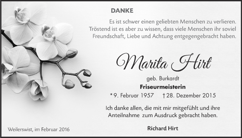  Traueranzeige für Marita Hirt vom 28.02.2016 aus  Blickpunkt Euskirchen 