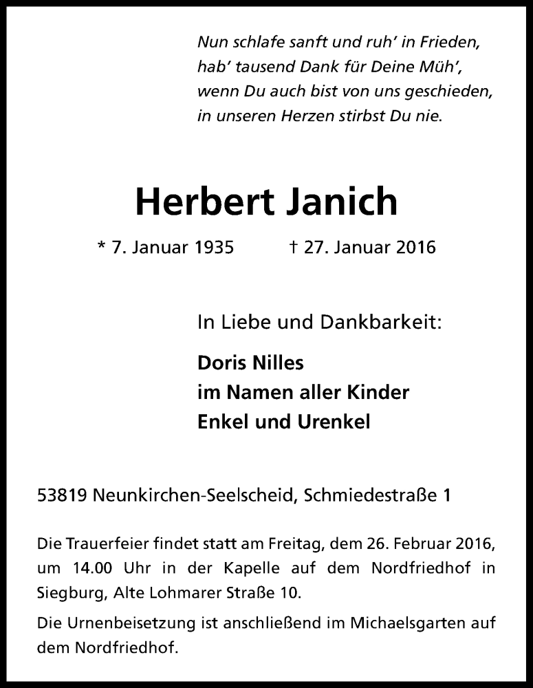  Traueranzeige für Herbert Janich vom 06.02.2016 aus Kölner Stadt-Anzeiger / Kölnische Rundschau / Express