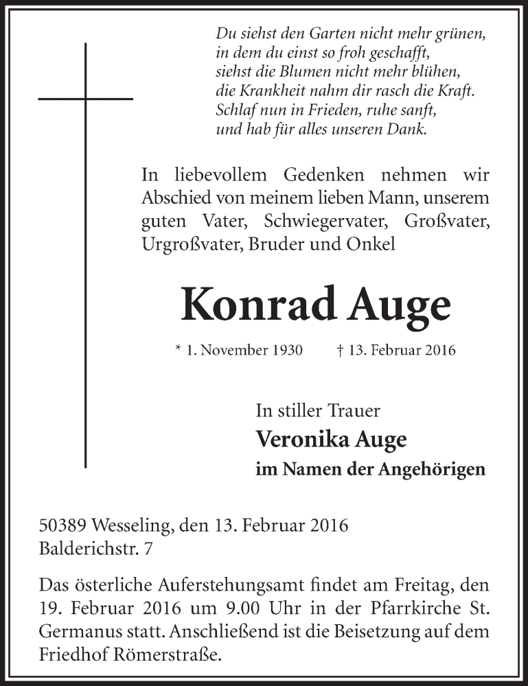  Traueranzeige für Konrad Auge vom 17.02.2016 aus  Schlossbote/Werbekurier 
