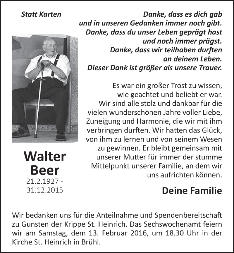  Traueranzeige für Walter Beer vom 10.02.2016 aus  Schlossbote/Werbekurier 