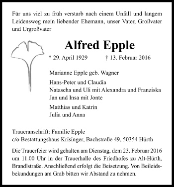 Anzeige von Alfred Epple von Kölner Stadt-Anzeiger / Kölnische Rundschau / Express