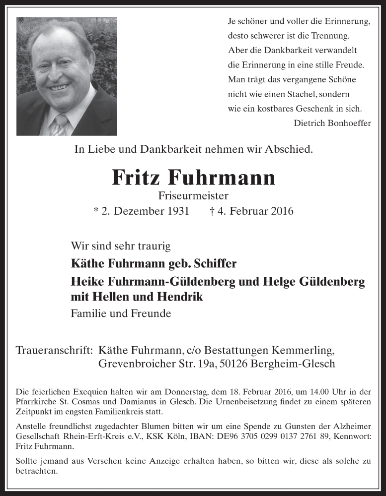  Traueranzeige für Fritz Fuhrmann vom 17.02.2016 aus  Werbepost 