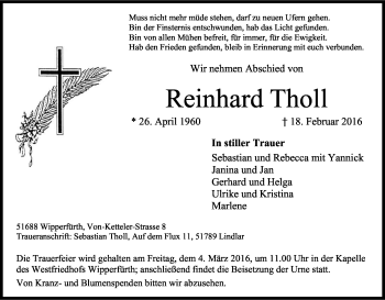 Anzeige von Reinhard Tholl von Kölner Stadt-Anzeiger / Kölnische Rundschau / Express