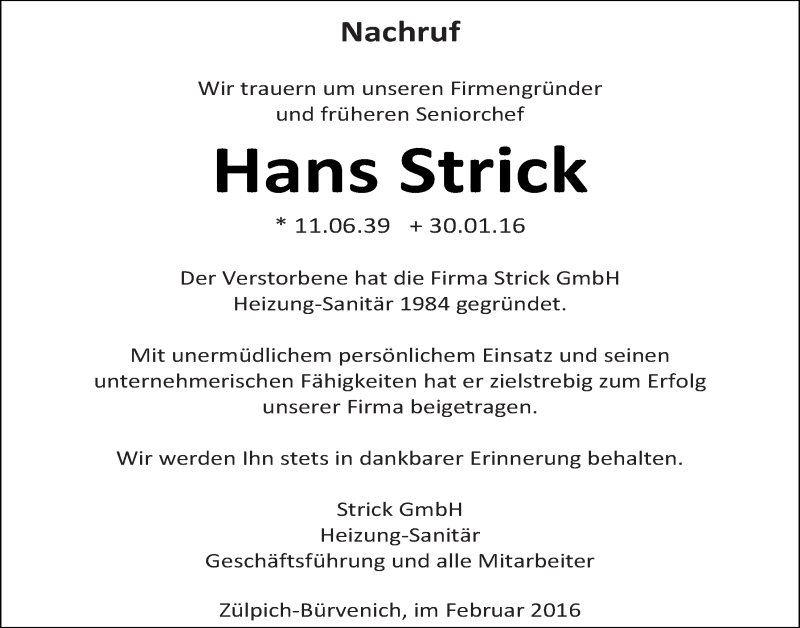  Traueranzeige für Hans Strick vom 21.02.2016 aus  Blickpunkt Euskirchen 
