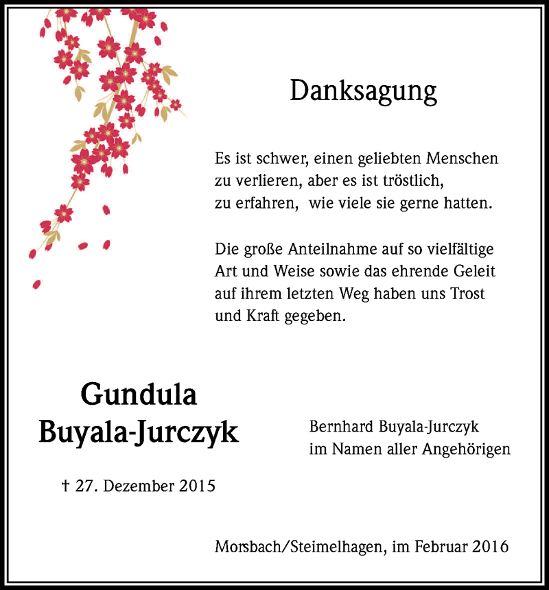  Traueranzeige für Gundula Buyala-Jurczyk vom 10.02.2016 aus Kölner Stadt-Anzeiger / Kölnische Rundschau / Express