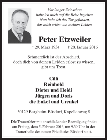 Anzeige von Peter Etzweiler von  Werbepost 
