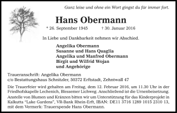 Anzeige von Hans Obermann von Kölner Stadt-Anzeiger / Kölnische Rundschau / Express