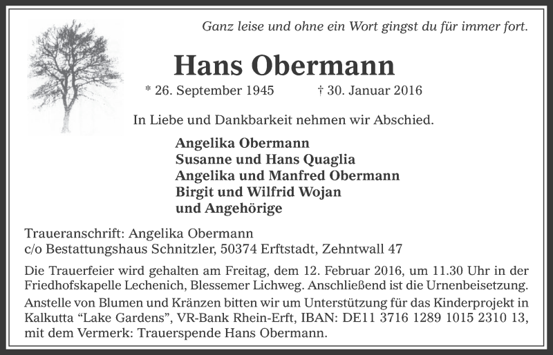  Traueranzeige für Hans Obermann vom 10.02.2016 aus  Werbepost 