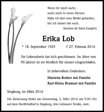 Anzeige von Erika Lob von Kölner Stadt-Anzeiger / Kölnische Rundschau / Express