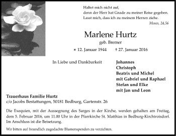 Anzeige von Marlene Hurtz von Kölner Stadt-Anzeiger / Kölnische Rundschau / Express