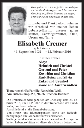 Anzeige von Elisabeth Cremer von  Wochenende 