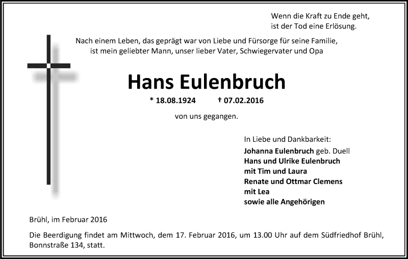  Traueranzeige für Hans Eulenbruch vom 13.02.2016 aus Kölner Stadt-Anzeiger / Kölnische Rundschau / Express