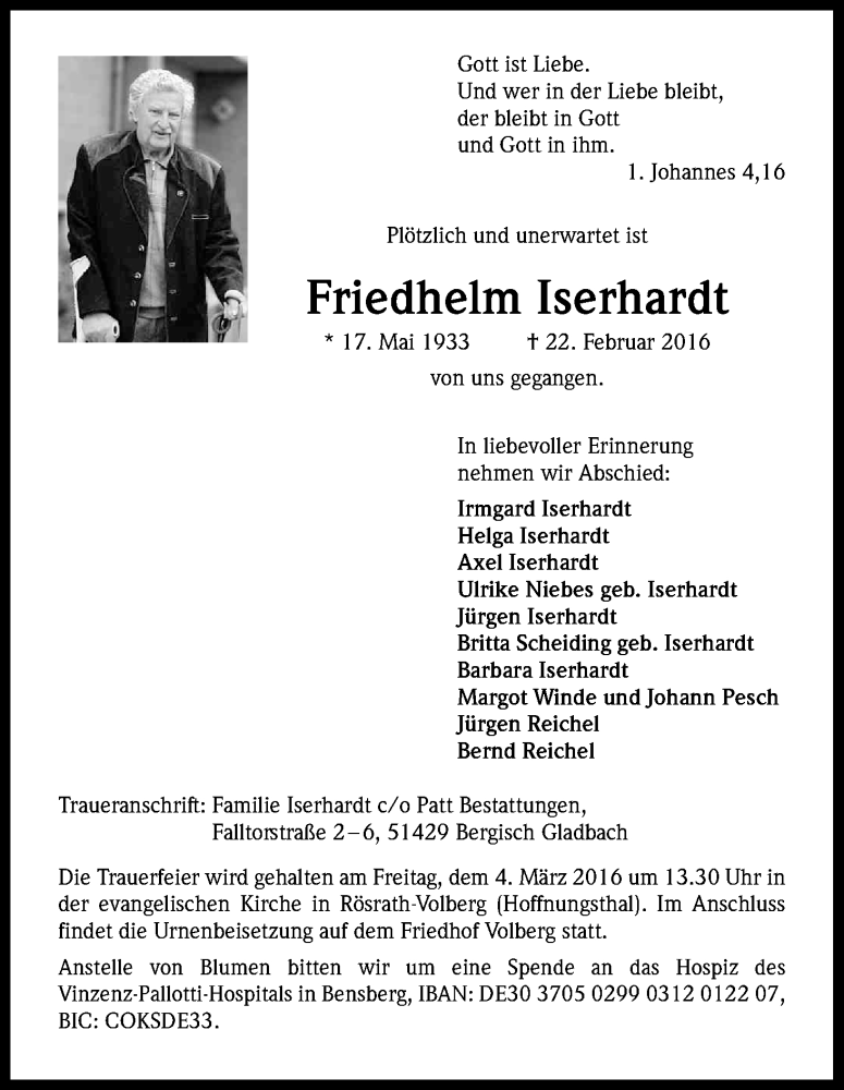  Traueranzeige für Friedhelm Iserhardt vom 27.02.2016 aus Kölner Stadt-Anzeiger / Kölnische Rundschau / Express