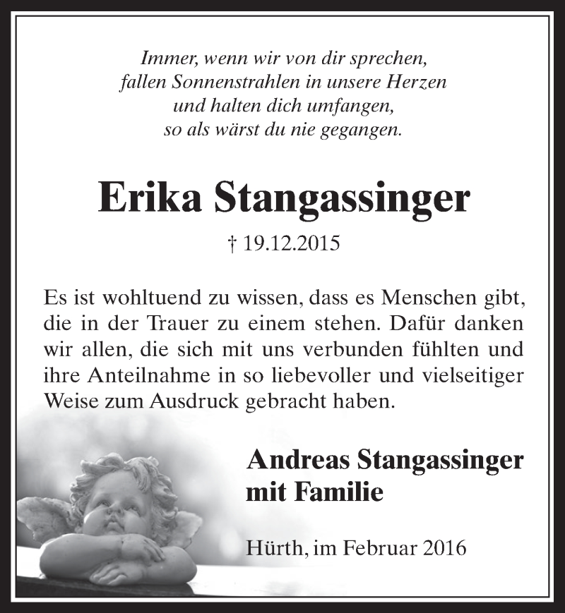  Traueranzeige für Erika Stangassinger vom 10.02.2016 aus  Wochenende 