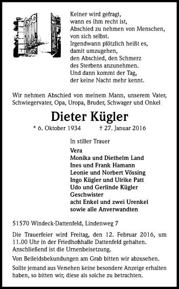 Anzeige von Dieter Kügler von Kölner Stadt-Anzeiger / Kölnische Rundschau / Express