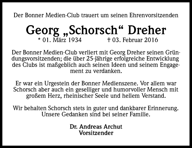  Traueranzeige für Georg Dreher vom 13.02.2016 aus Kölner Stadt-Anzeiger / Kölnische Rundschau / Express