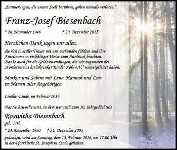 Anzeige von Franz-Josef Biesenach von Kölner Stadt-Anzeiger / Kölnische Rundschau / Express