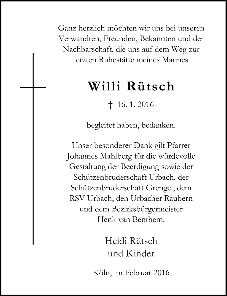 Traueranzeige für Willi Rütsch vom 10.02.2016 aus  Kölner Wochenspiegel 