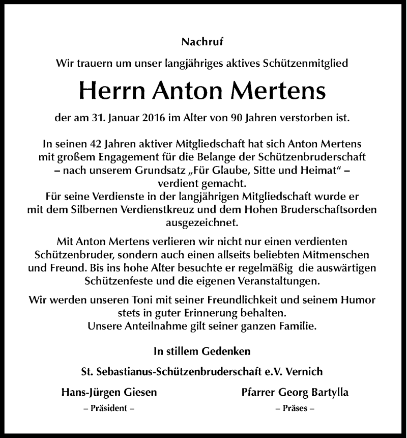  Traueranzeige für Anton Mertens vom 06.02.2016 aus Kölner Stadt-Anzeiger / Kölnische Rundschau / Express