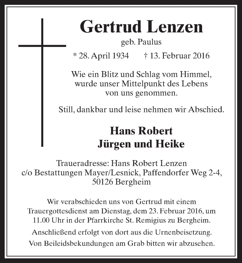  Traueranzeige für Gertrud Lenzen vom 17.02.2016 aus  Werbepost 