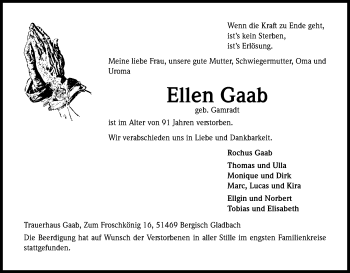 Anzeige von Ellen Gaab von Kölner Stadt-Anzeiger / Kölnische Rundschau / Express