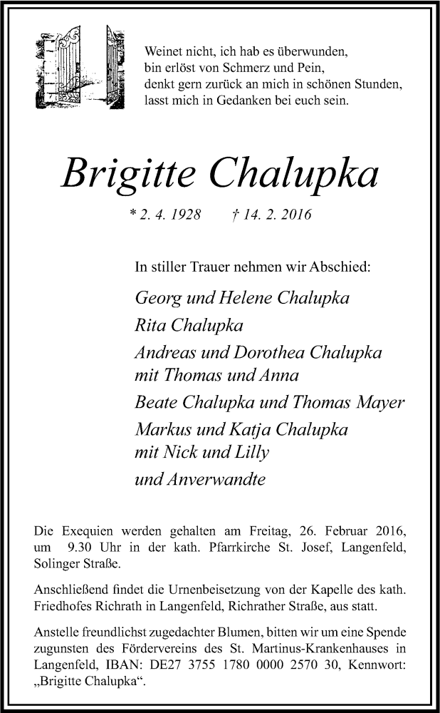  Traueranzeige für Brigitte Chalupka vom 20.02.2016 aus Kölner Stadt-Anzeiger / Kölnische Rundschau / Express