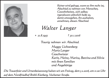 Anzeige von Walter Langer von  Schlossbote/Werbekurier 