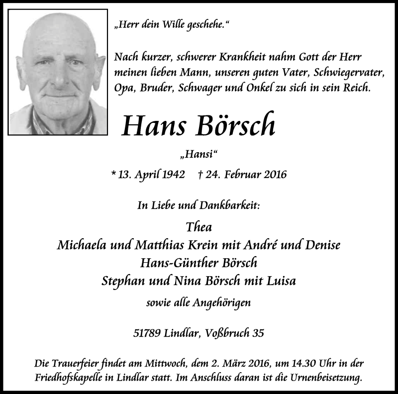  Traueranzeige für Hans Börsch vom 27.02.2016 aus Kölner Stadt-Anzeiger / Kölnische Rundschau / Express