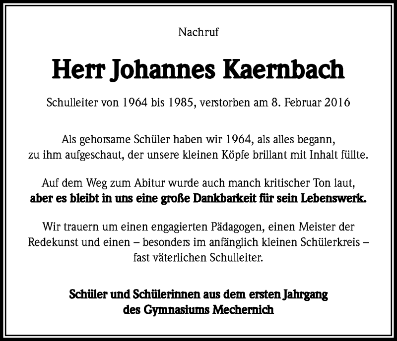  Traueranzeige für Johannes Kaernbach vom 27.02.2016 aus Kölner Stadt-Anzeiger / Kölnische Rundschau / Express