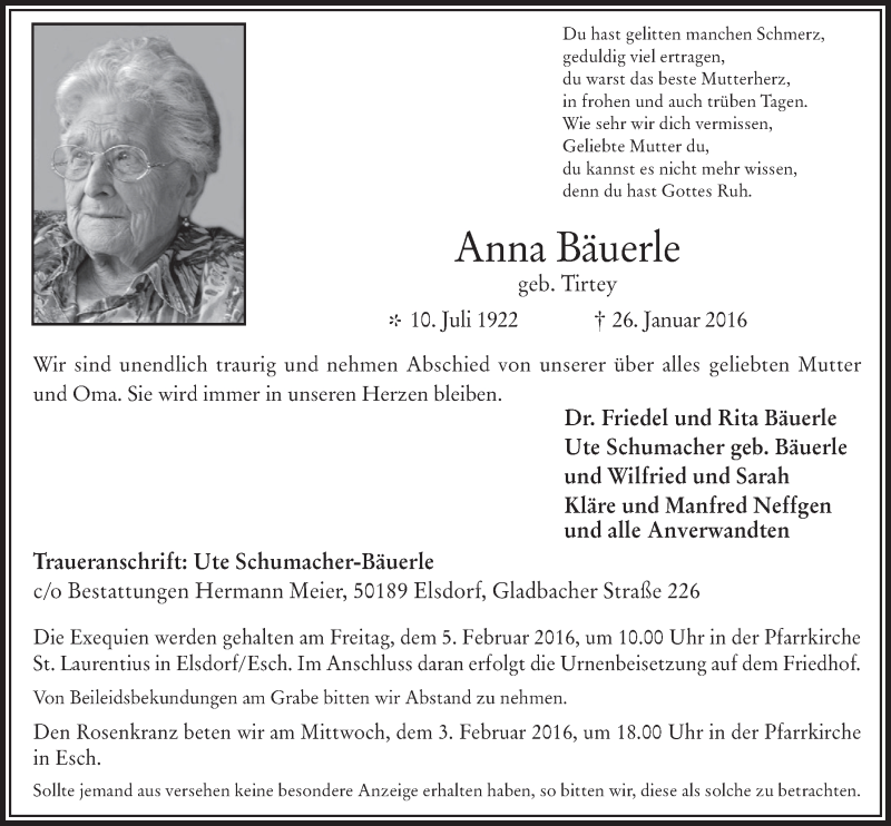  Traueranzeige für Anna Bäuerle vom 03.02.2016 aus  Werbepost 