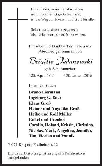 Anzeige von Brigitte Jedanowski von  Werbepost 