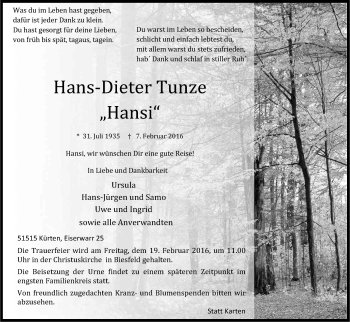 Anzeige von Hans-Dieter Tunze von Kölner Stadt-Anzeiger / Kölnische Rundschau / Express