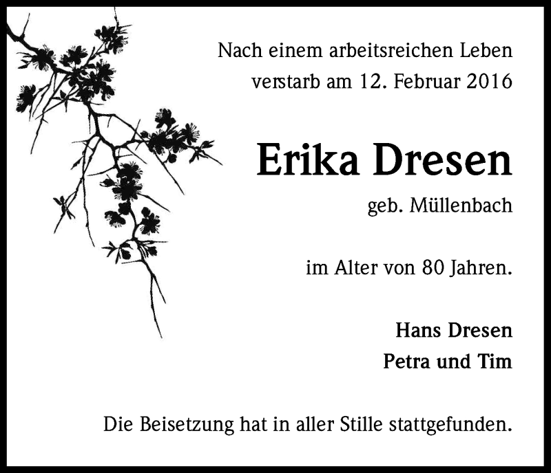  Traueranzeige für Erika Dresen vom 27.02.2016 aus Kölner Stadt-Anzeiger / Kölnische Rundschau / Express