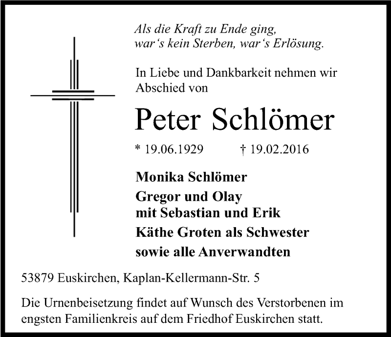  Traueranzeige für Peter Schlömer vom 27.02.2016 aus Kölner Stadt-Anzeiger / Kölnische Rundschau / Express