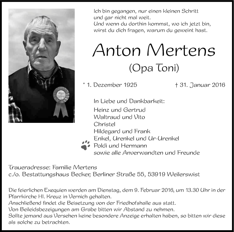  Traueranzeige für Anton Mertens vom 06.02.2016 aus Kölner Stadt-Anzeiger / Kölnische Rundschau / Express