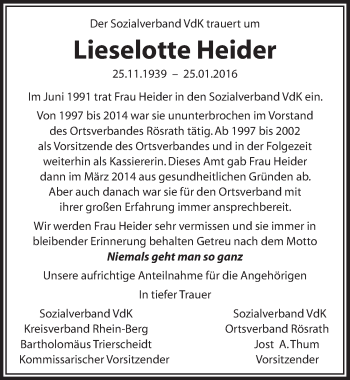 Anzeige von Lieselotte Heider von  Bergisches Handelsblatt 
